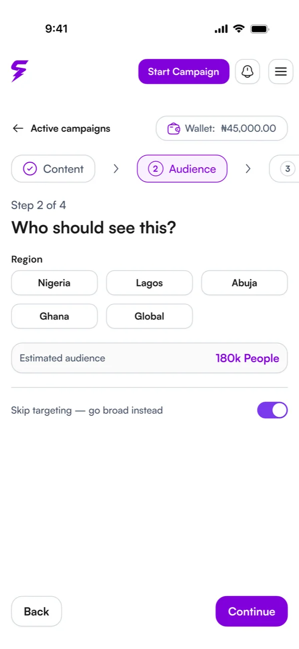 Campaign step 2 of 4: choosing a region and estimated audience
